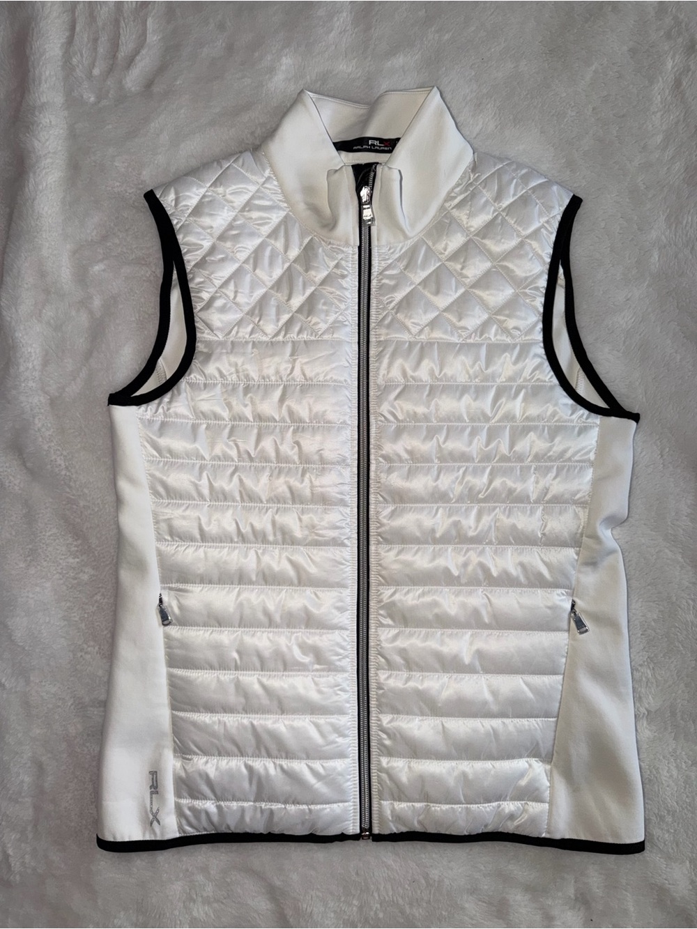 Ralph Lauren White Quilted Sleeveless Zip Vest with Black Trim